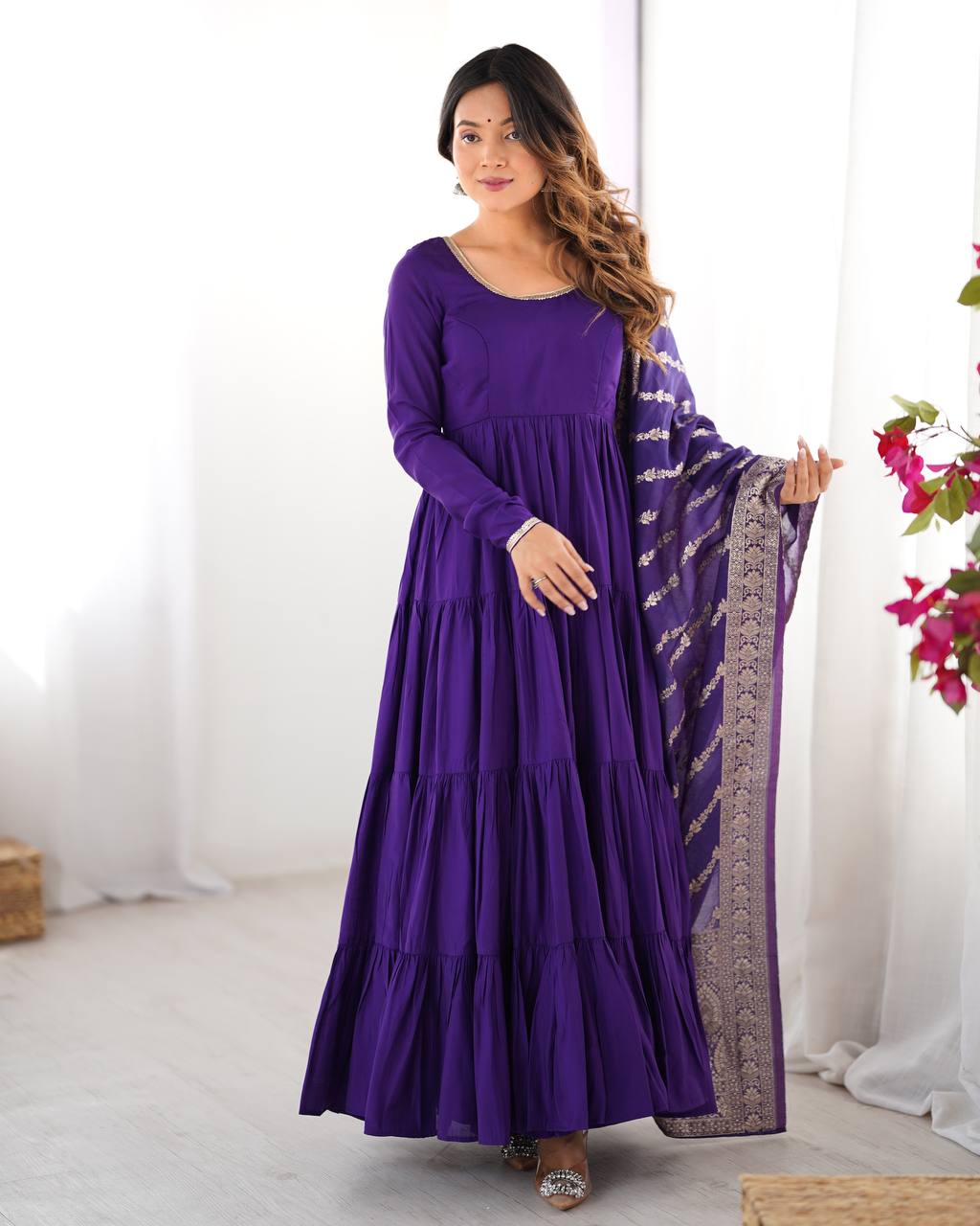 PURPLE COLOR PURE ROMAN SILK RUFFLE STYLE ANARKALI SUIT SET OF 3
