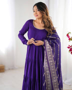 PURPLE COLOR PURE ROMAN SILK RUFFLE STYLE ANARKALI SUIT SET OF 3
