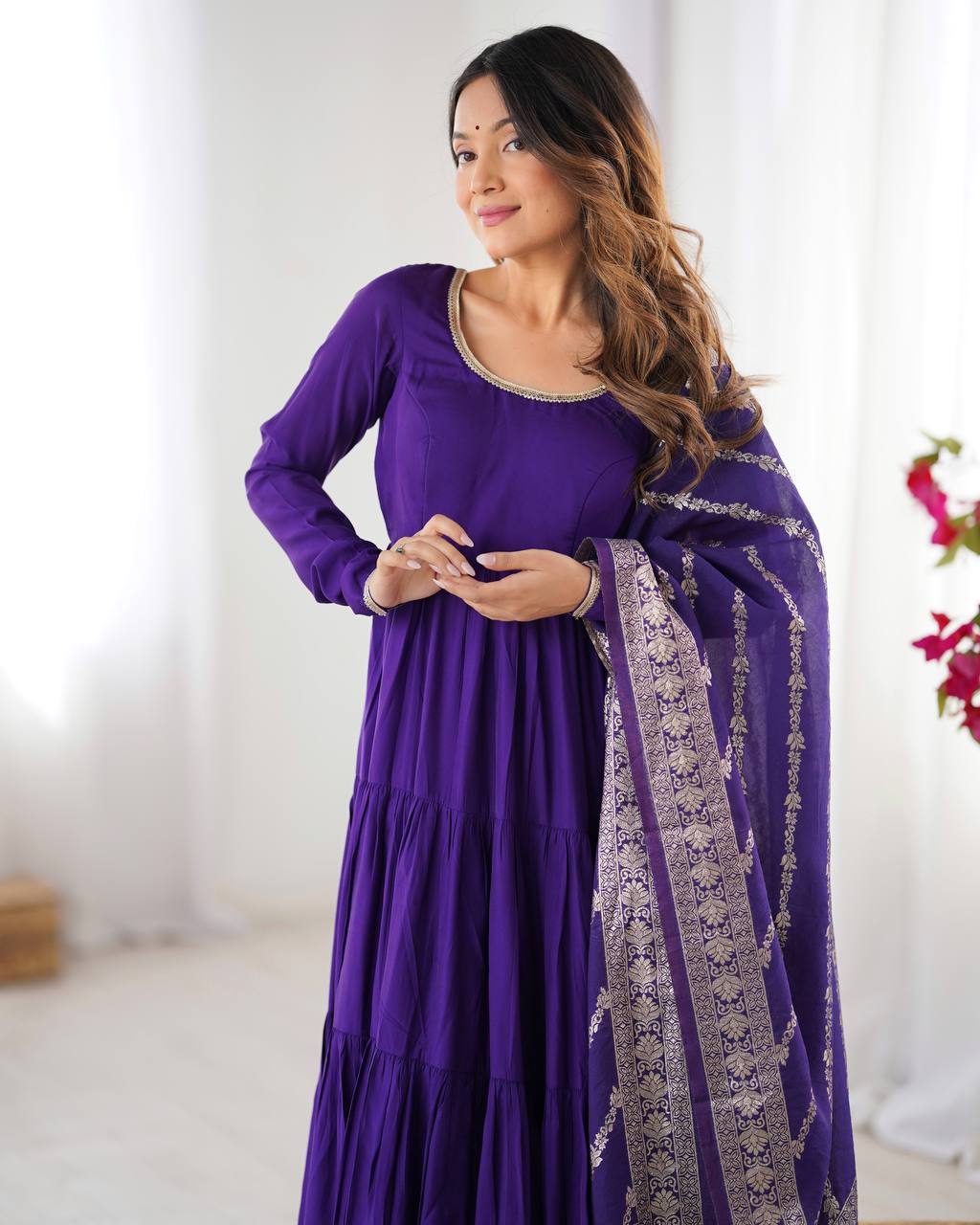PURPLE COLOR PURE ROMAN SILK RUFFLE STYLE ANARKALI SUIT SET OF 3