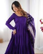 PURPLE COLOR PURE ROMAN SILK RUFFLE STYLE ANARKALI SUIT SET OF 3