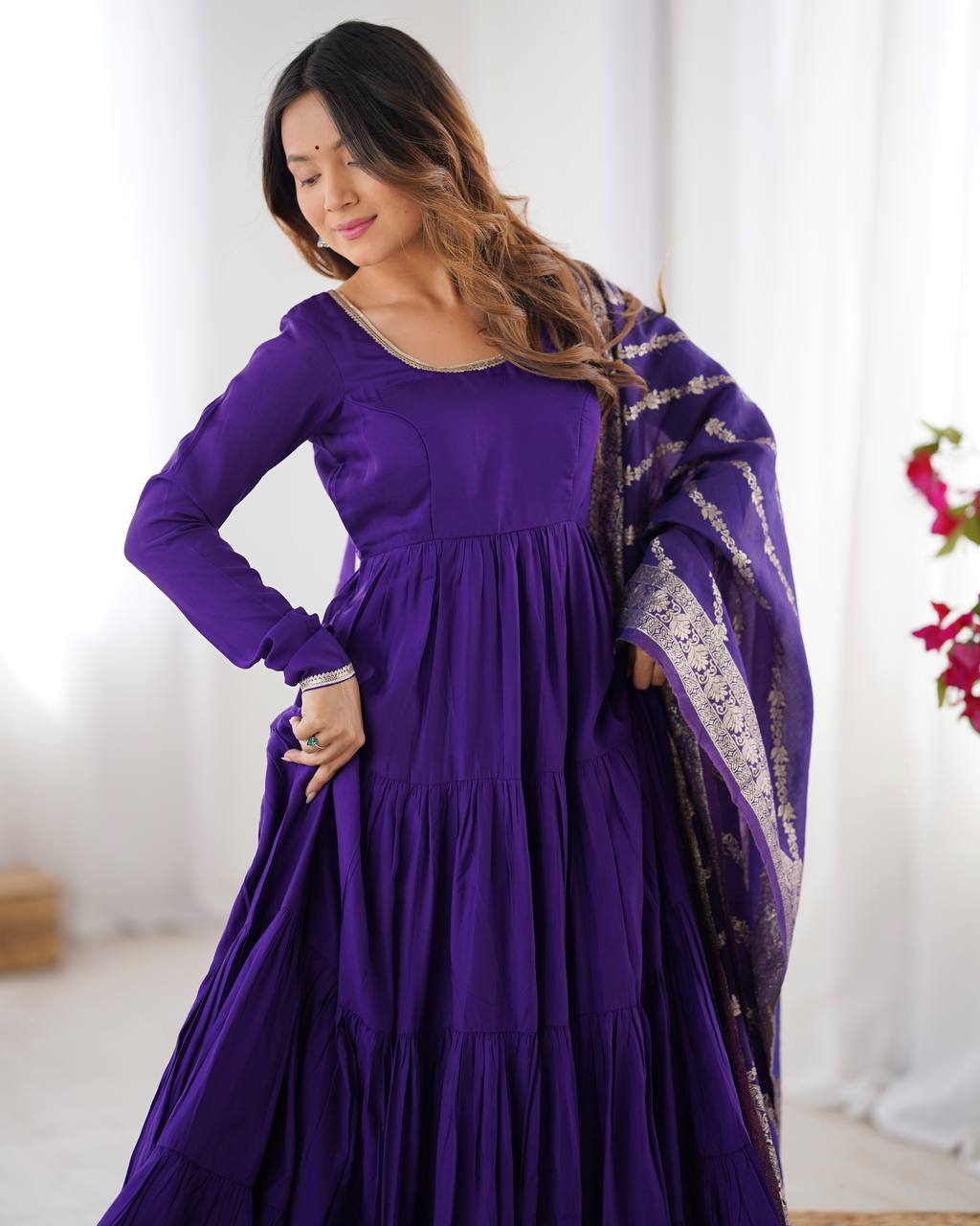 PURPLE COLOR PURE ROMAN SILK RUFFLE STYLE ANARKALI SUIT SET OF 3