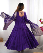 PURPLE COLOR PURE ROMAN SILK RUFFLE STYLE ANARKALI SUIT SET OF 3