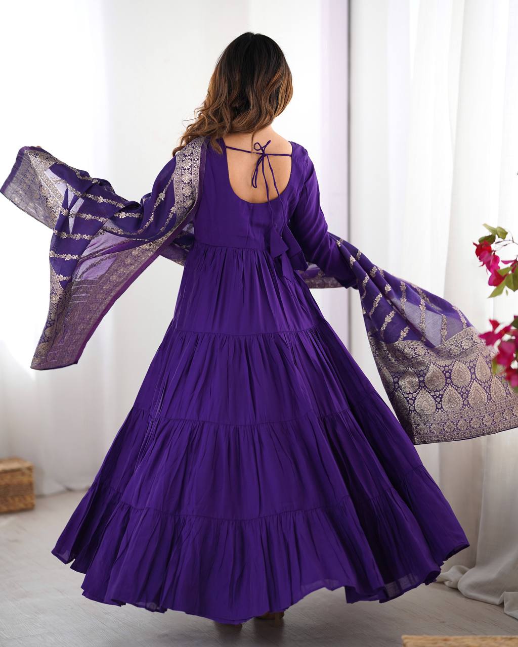 PURPLE COLOR PURE ROMAN SILK RUFFLE STYLE ANARKALI SUIT SET OF 3