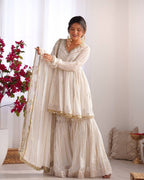 WHITE MUL CHANDERI SILK REAL MIRROR & HADWORK SHARARA SET
