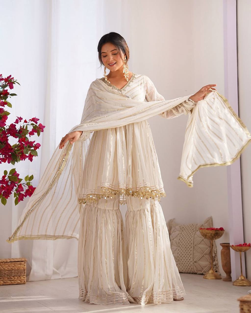 WHITE MUL CHANDERI SILK REAL MIRROR & HADWORK SHARARA SET