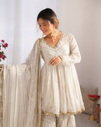 WHITE MUL CHANDERI SILK REAL MIRROR & HADWORK SHARARA SET