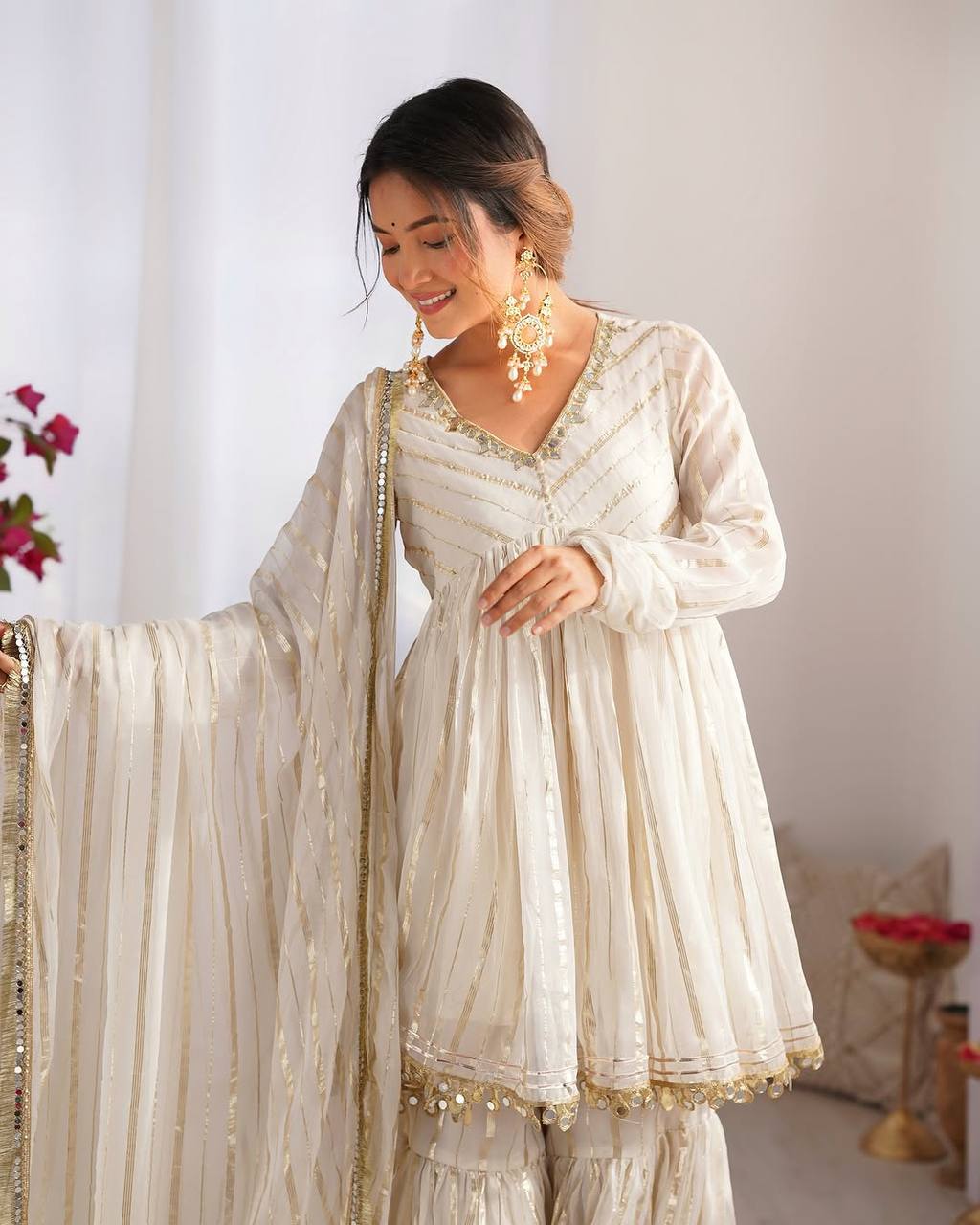 WHITE MUL CHANDERI SILK REAL MIRROR & HADWORK SHARARA SET