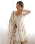 WHITE MUL CHANDERI SILK REAL MIRROR & HADWORK SHARARA SET