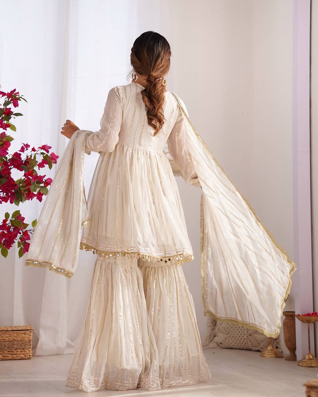 WHITE MUL CHANDERI SILK REAL MIRROR & HADWORK SHARARA SET