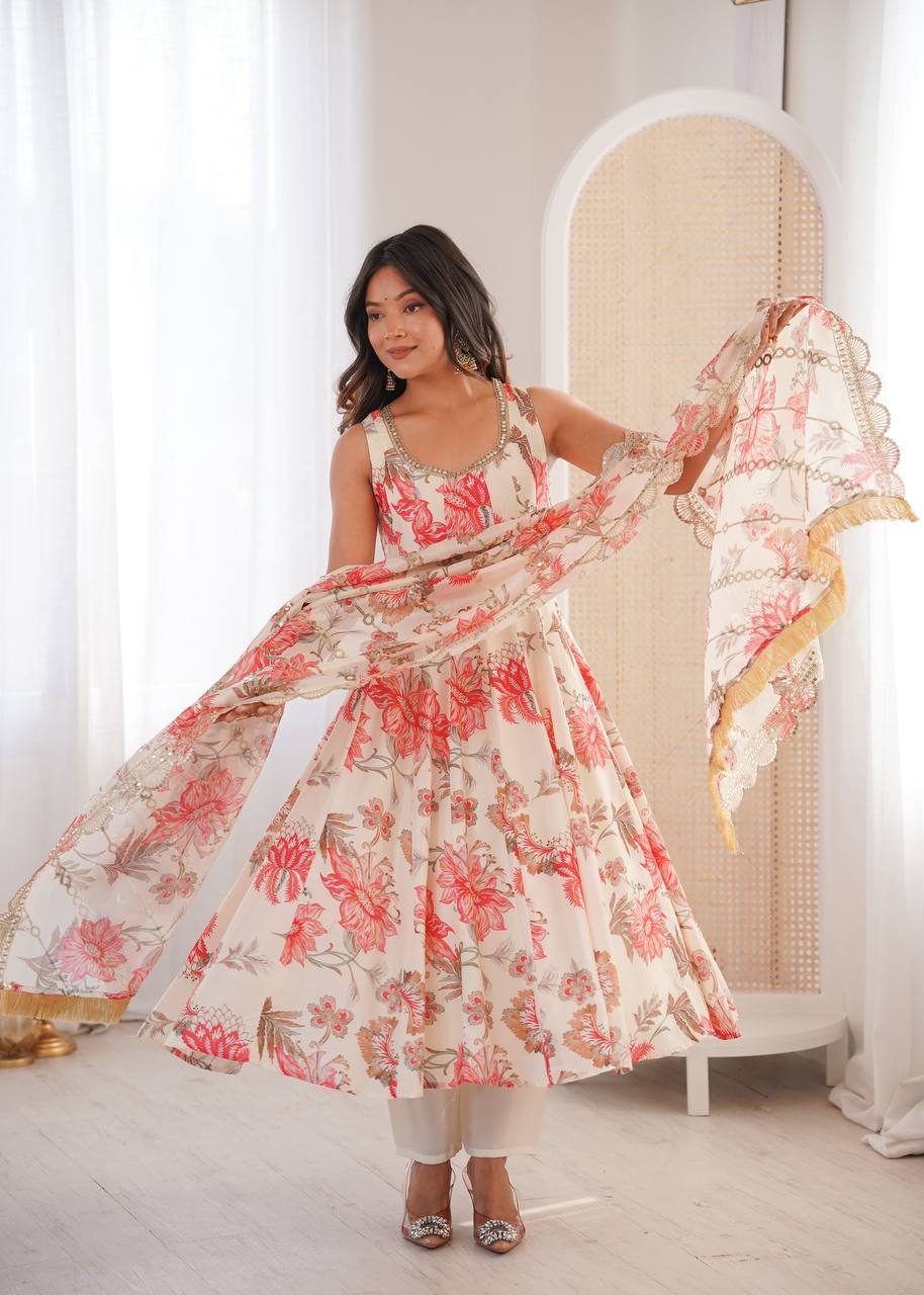 IVORY CREAM WITH CORAL PINK FLORAL PRINTED SLEEVELESS ANARKALI SUIT SET
