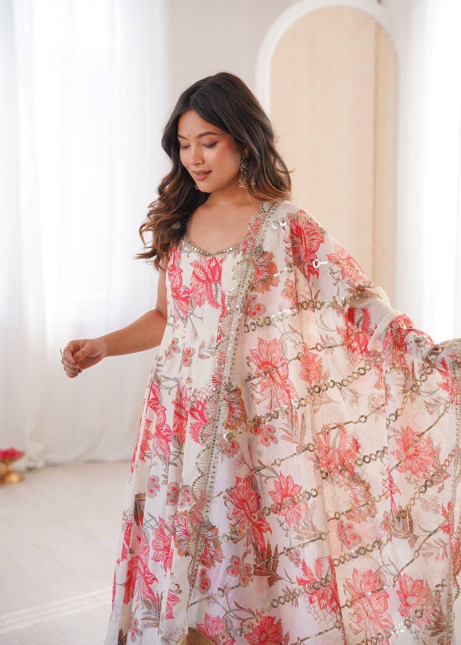 IVORY CREAM WITH CORAL PINK FLORAL PRINTED SLEEVELESS ANARKALI SUIT SET