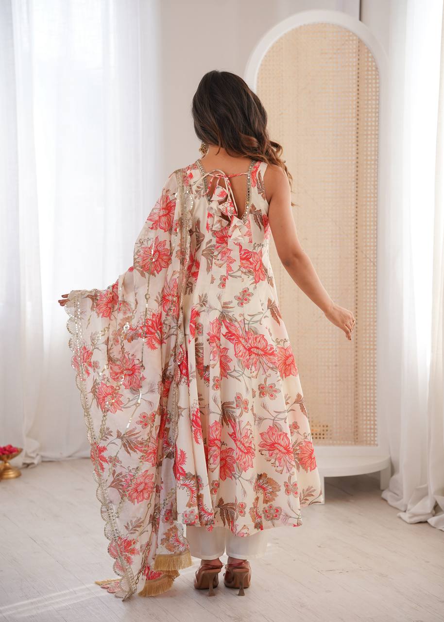 IVORY CREAM WITH CORAL PINK FLORAL PRINTED SLEEVELESS ANARKALI SUIT SET
