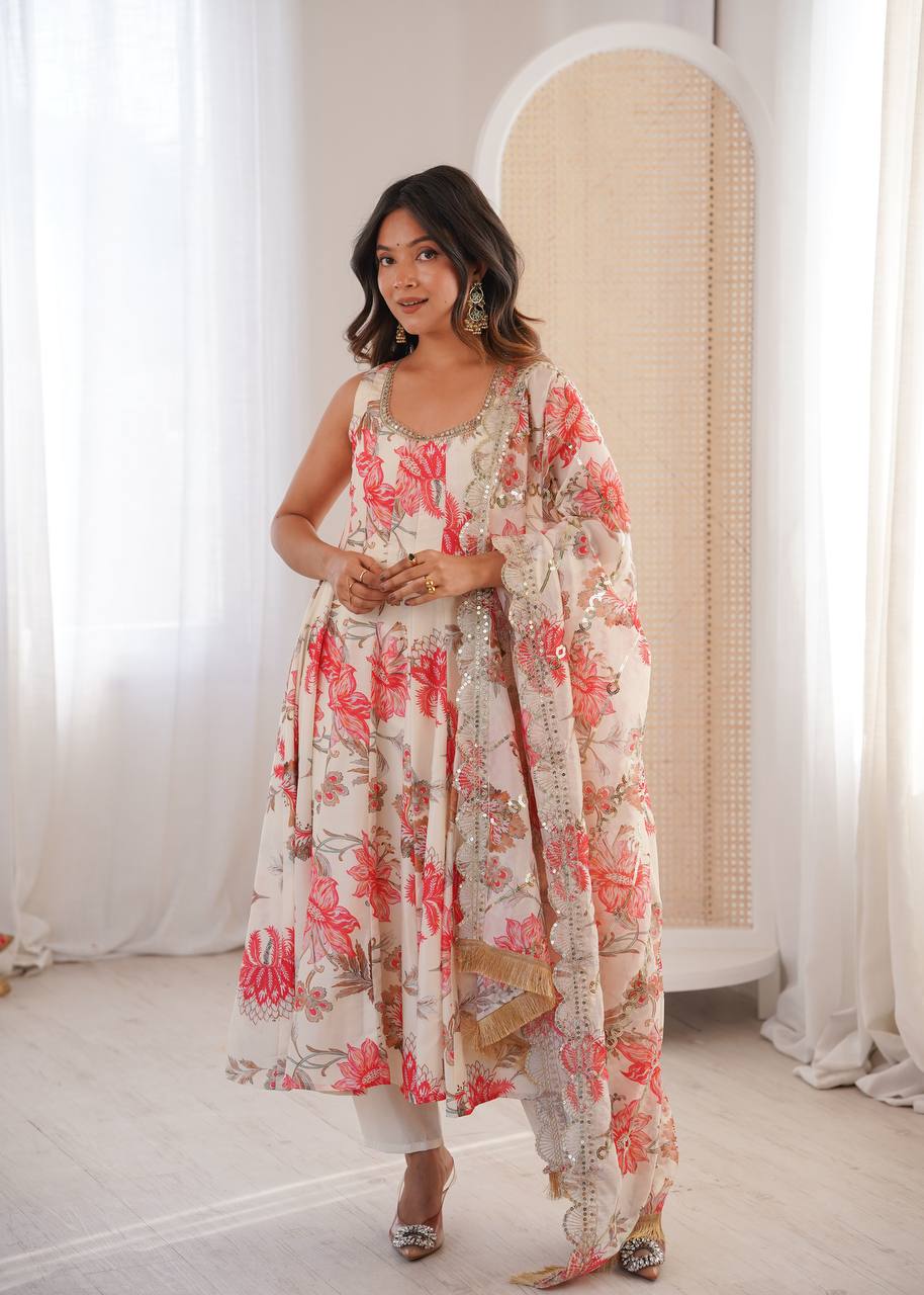 IVORY CREAM WITH CORAL PINK FLORAL PRINTED SLEEVELESS ANARKALI SUIT SET