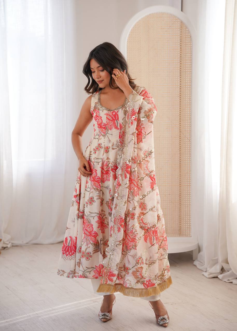 IVORY CREAM WITH CORAL PINK FLORAL PRINTED SLEEVELESS ANARKALI SUIT SET