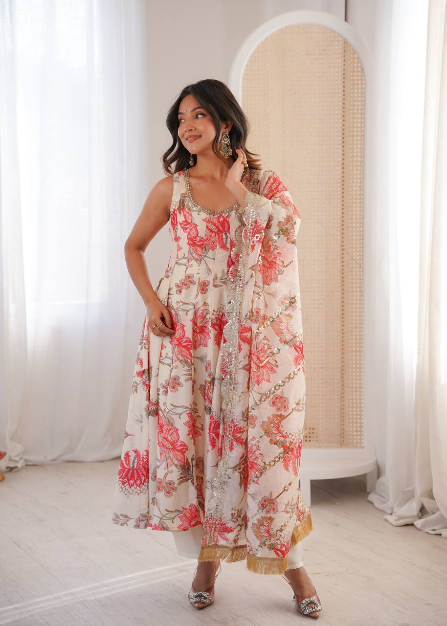 IVORY CREAM WITH CORAL PINK FLORAL PRINTED SLEEVELESS ANARKALI SUIT SET