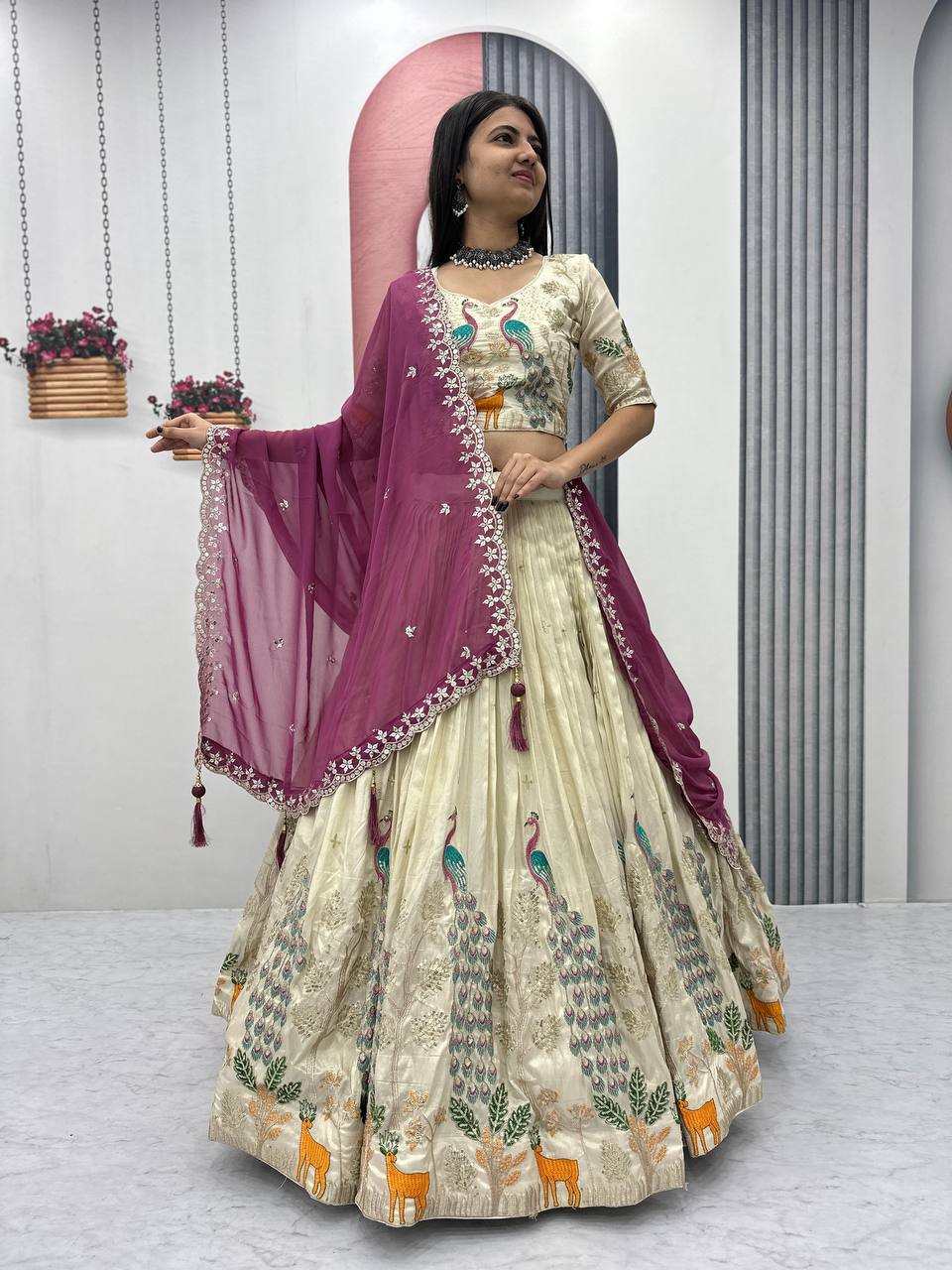 OFF WHITE PEACOCK DESIGN TISSUE SILK BASE EMBROIDERED WORK LEHENGA FOR WEDDING