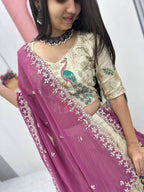 OFF WHITE PEACOCK DESIGN TISSUE SILK BASE EMBROIDERED WORK LEHENGA FOR WEDDING