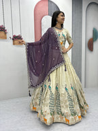 OFF WHITE PEACOCK DESIGN TISSUE SILK BASE EMBROIDERED WORK LEHENGA FOR WEDDING