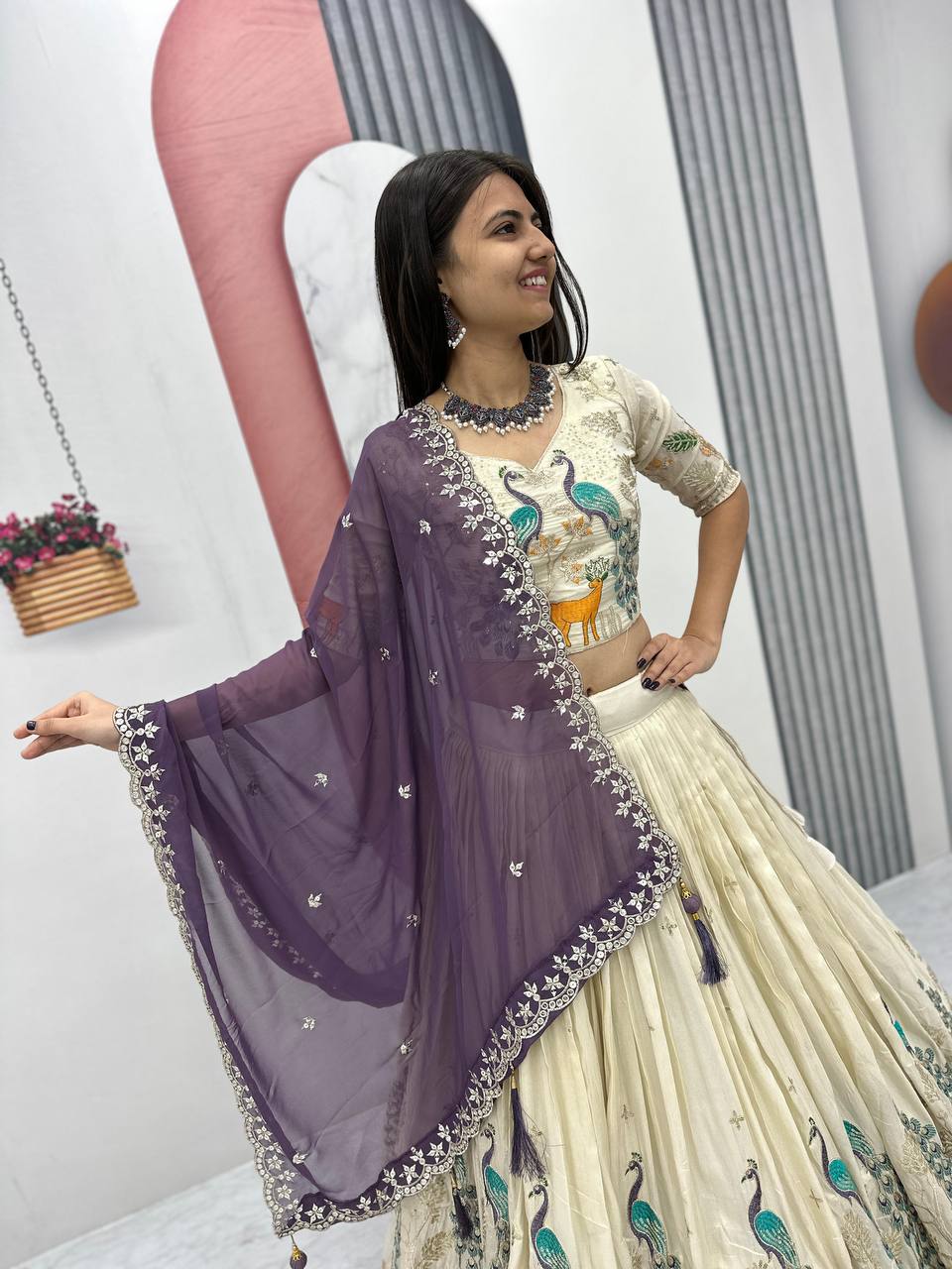 OFF WHITE PEACOCK DESIGN TISSUE SILK BASE EMBROIDERED WORK LEHENGA FOR WEDDING