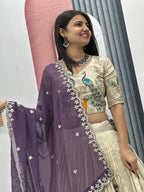 OFF WHITE PEACOCK DESIGN TISSUE SILK BASE EMBROIDERED WORK LEHENGA FOR WEDDING