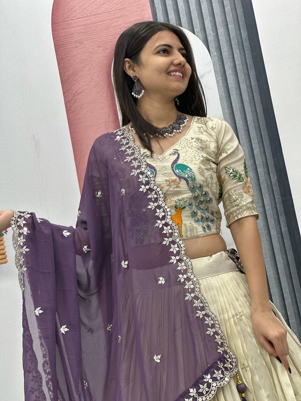 OFF WHITE PEACOCK DESIGN TISSUE SILK BASE EMBROIDERED WORK LEHENGA FOR WEDDING