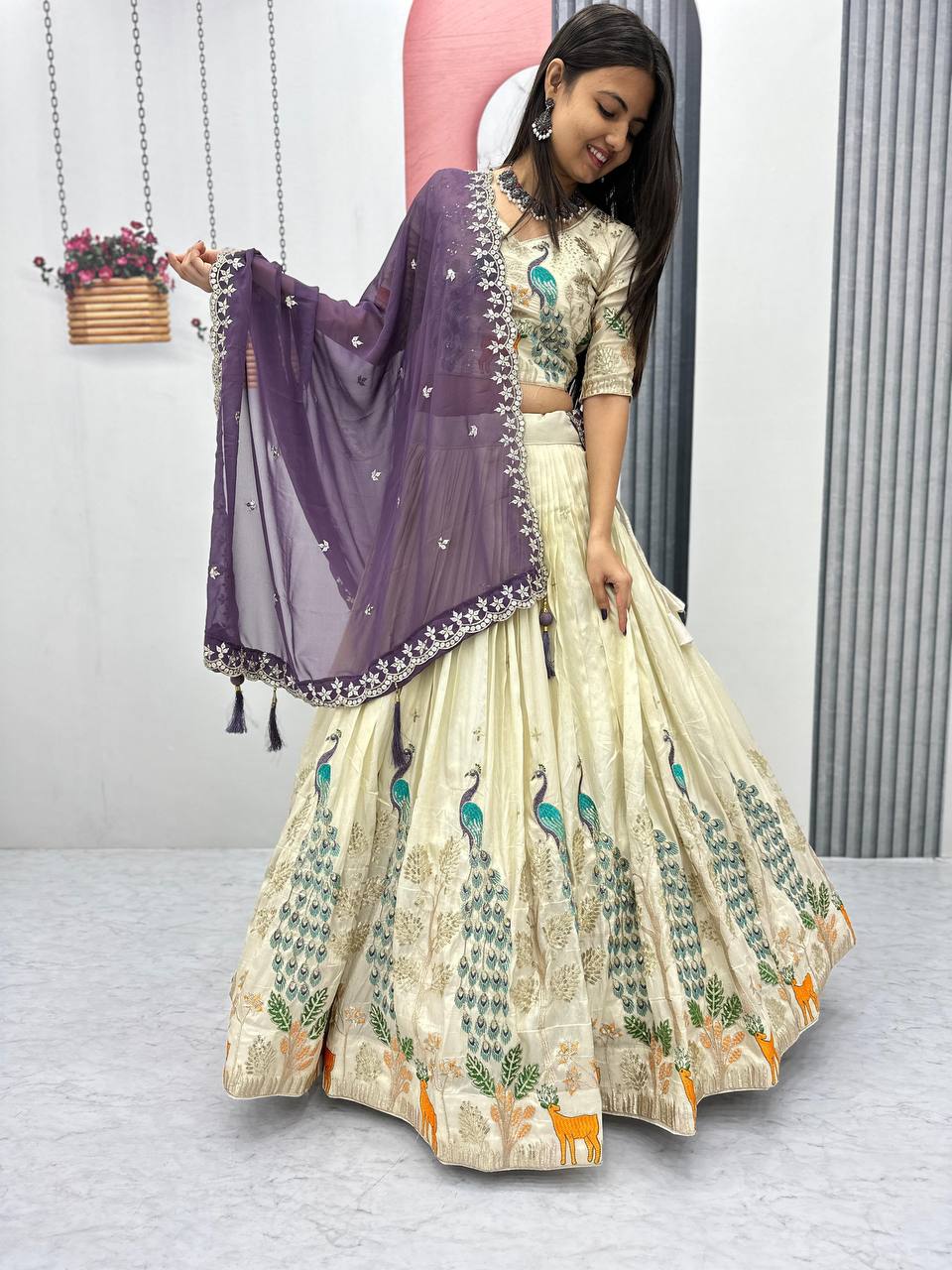 OFF WHITE PEACOCK DESIGN TISSUE SILK BASE EMBROIDERED WORK LEHENGA FOR WEDDING