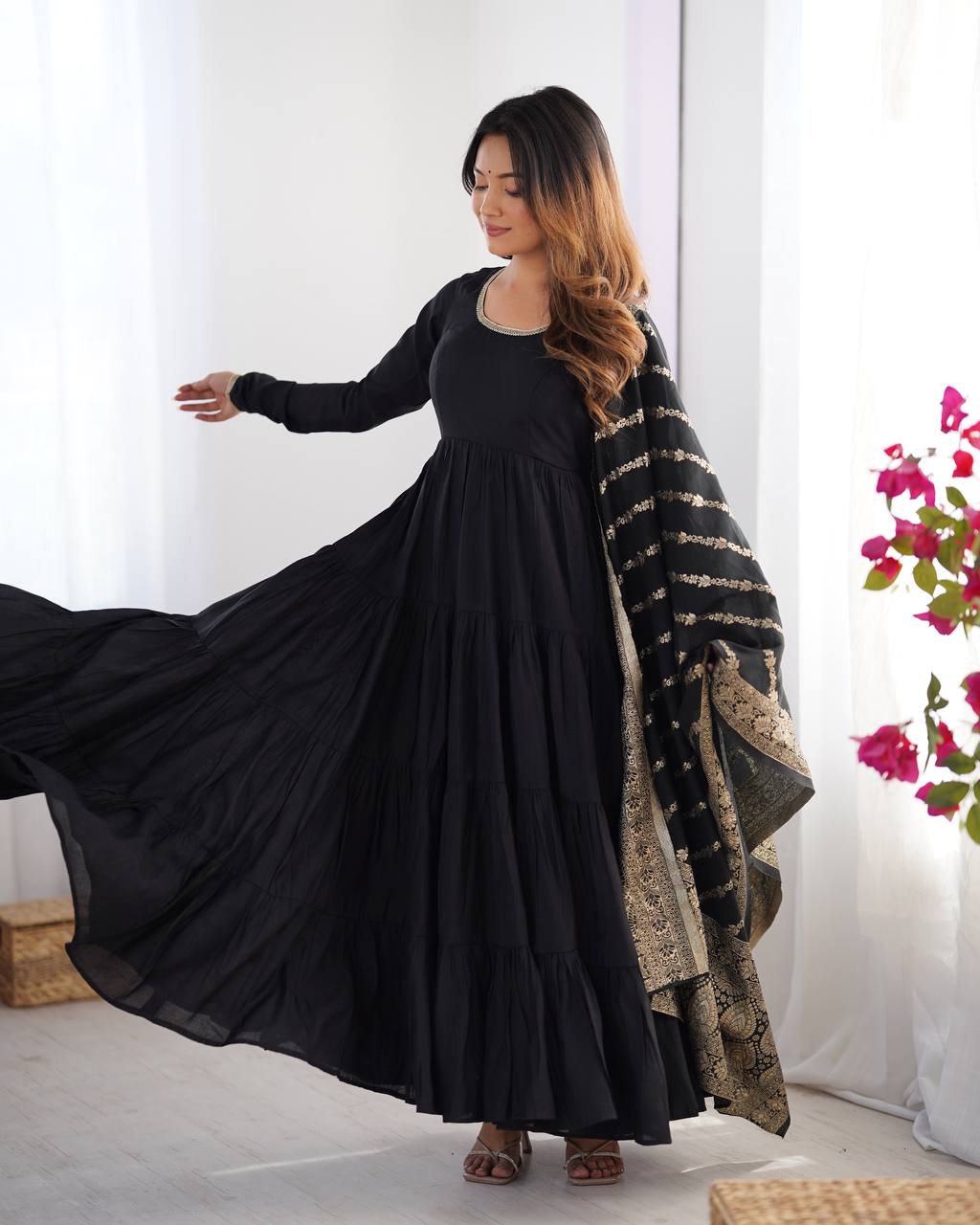 BLACK COLOR PURE ROMAN SILK RUFFLE STYLE ANARKALI SUIT SET OF 3