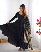 BLACK COLOR PURE ROMAN SILK RUFFLE STYLE ANARKALI SUIT SET OF 3