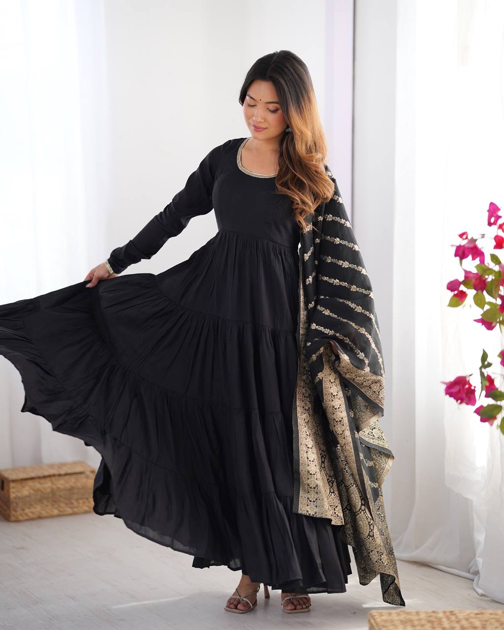 BLACK COLOR PURE ROMAN SILK RUFFLE STYLE ANARKALI SUIT SET OF 3