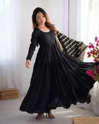 BLACK COLOR PURE ROMAN SILK RUFFLE STYLE ANARKALI SUIT SET OF 3
