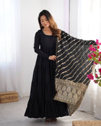 BLACK COLOR PURE ROMAN SILK RUFFLE STYLE ANARKALI SUIT SET OF 3