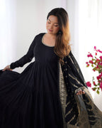 BLACK COLOR PURE ROMAN SILK RUFFLE STYLE ANARKALI SUIT SET OF 3