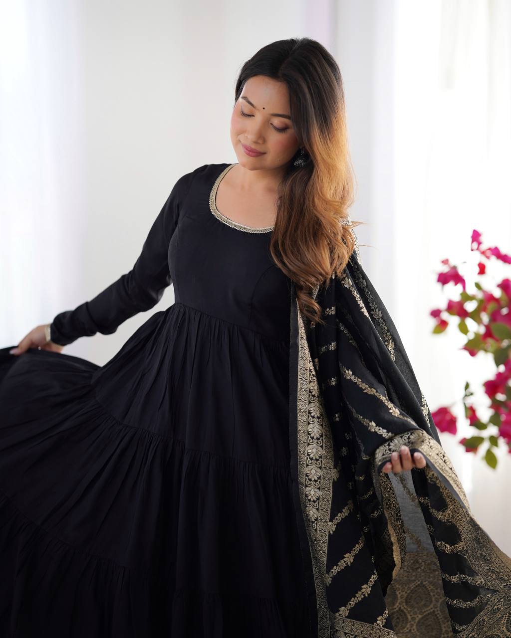 BLACK COLOR PURE ROMAN SILK RUFFLE STYLE ANARKALI SUIT SET OF 3
