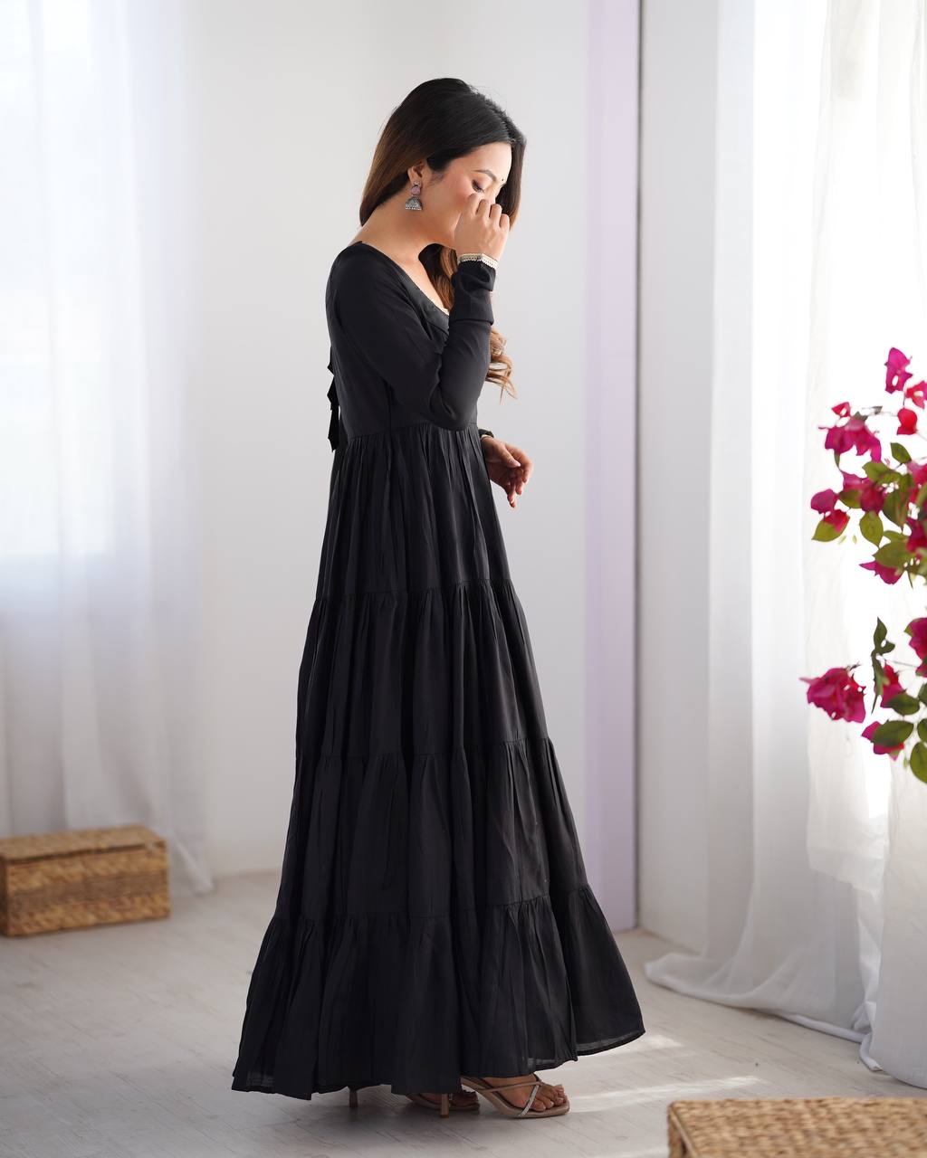 BLACK COLOR PURE ROMAN SILK RUFFLE STYLE ANARKALI SUIT SET OF 3