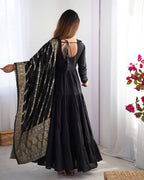 BLACK COLOR PURE ROMAN SILK RUFFLE STYLE ANARKALI SUIT SET OF 3