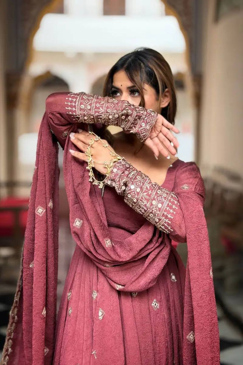 DUSTY ROSE COLOR MUL CHANDERI BASE EMBROIDERED GOWN