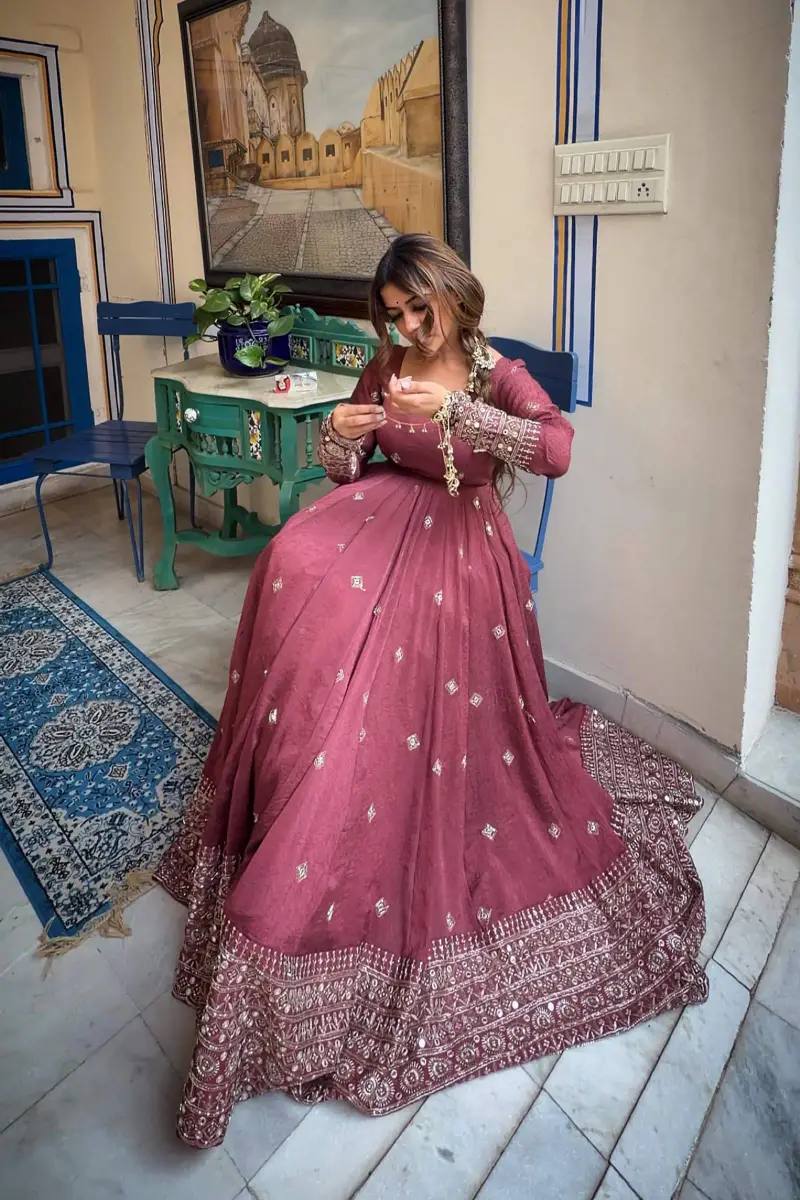 DUSTY ROSE COLOR MUL CHANDERI BASE EMBROIDERED GOWN