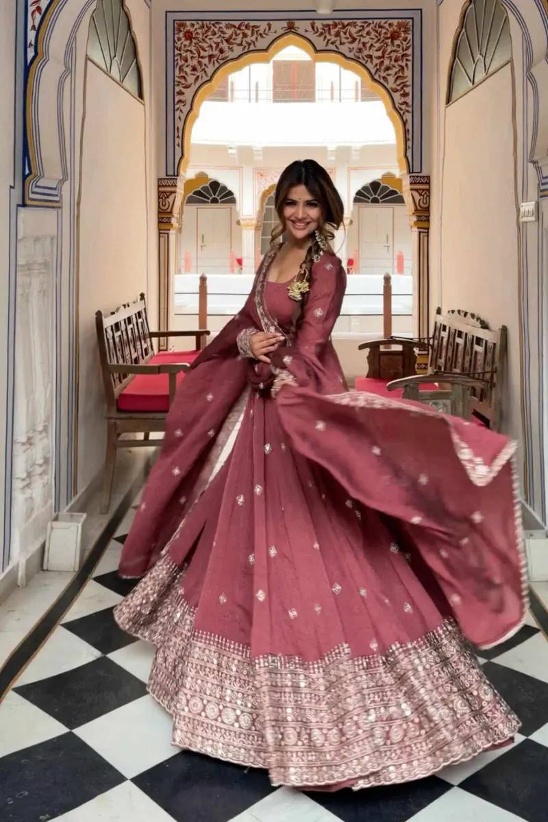 DUSTY ROSE COLOR MUL CHANDERI BASE EMBROIDERED GOWN