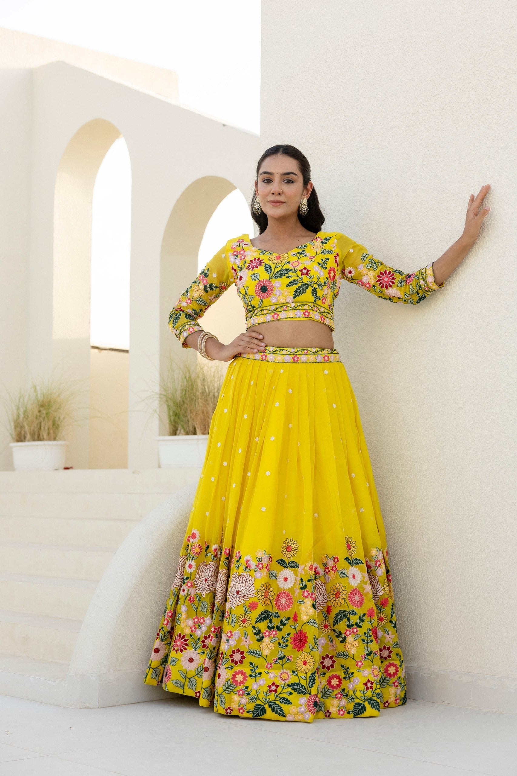 YELLOW COLOR SEQUENCE EMBROIDERY WORK DESIGNER LEHENGA CHOLI
