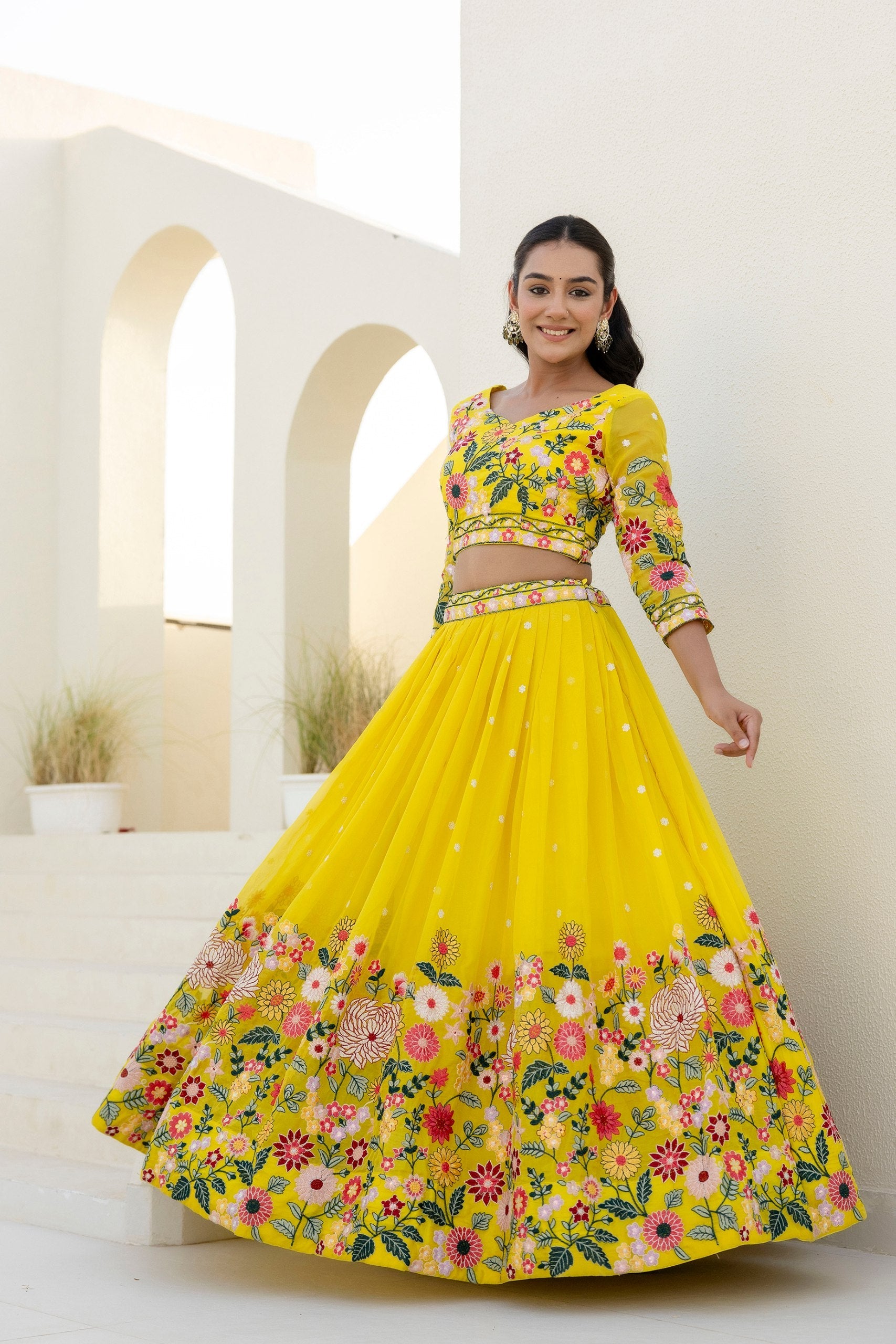 YELLOW COLOR SEQUENCE EMBROIDERY WORK DESIGNER LEHENGA CHOLI