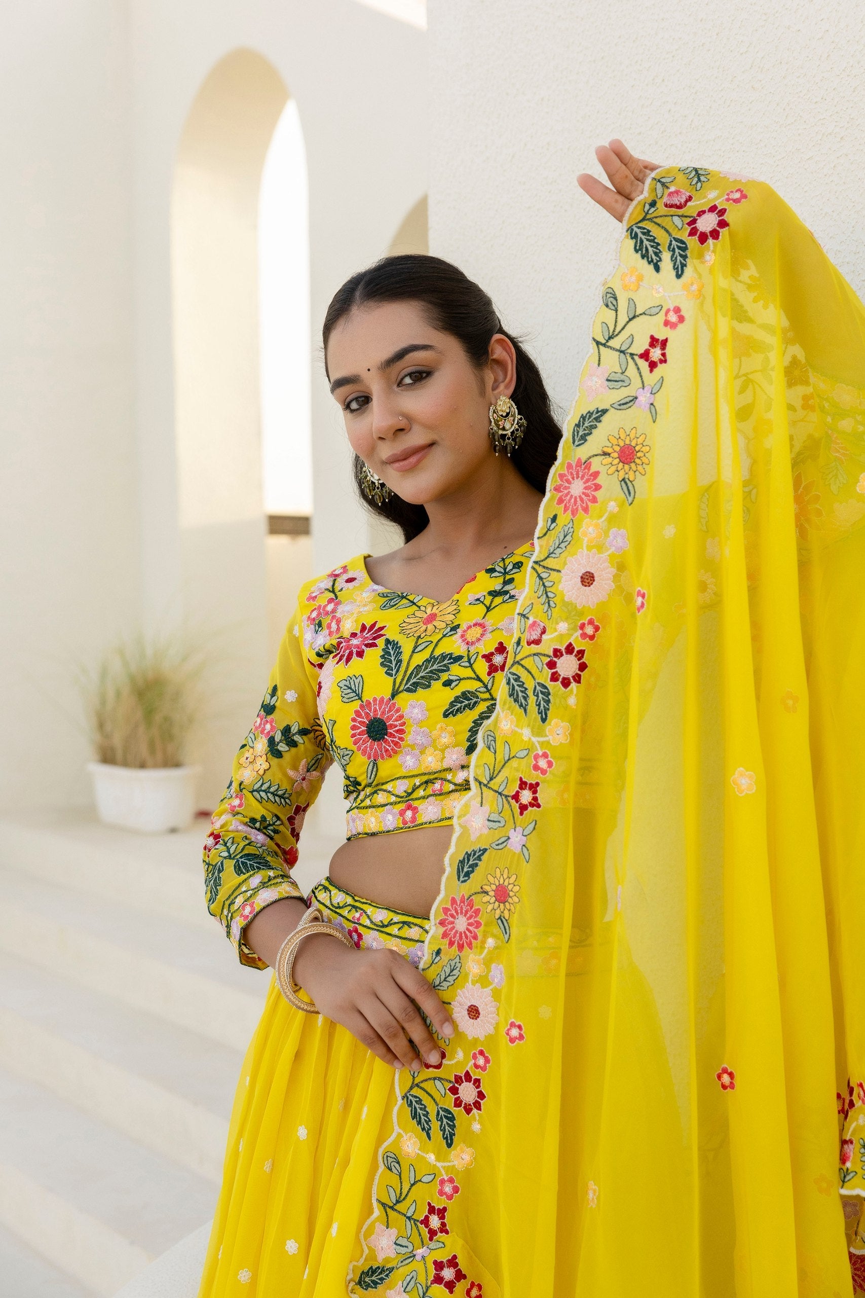 YELLOW COLOR SEQUENCE EMBROIDERY WORK DESIGNER LEHENGA CHOLI