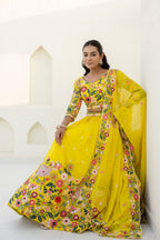 YELLOW COLOR SEQUENCE EMBROIDERY WORK DESIGNER LEHENGA CHOLI