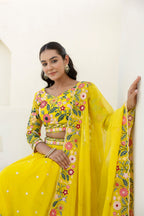 YELLOW COLOR SEQUENCE EMBROIDERY WORK DESIGNER LEHENGA CHOLI