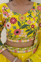 YELLOW COLOR SEQUENCE EMBROIDERY WORK DESIGNER LEHENGA CHOLI