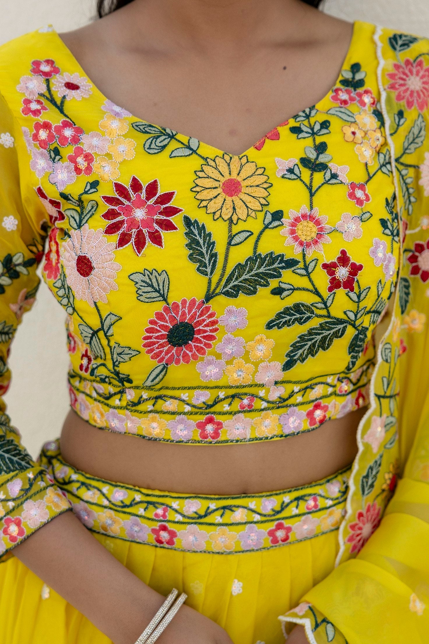 YELLOW COLOR SEQUENCE EMBROIDERY WORK DESIGNER LEHENGA CHOLI