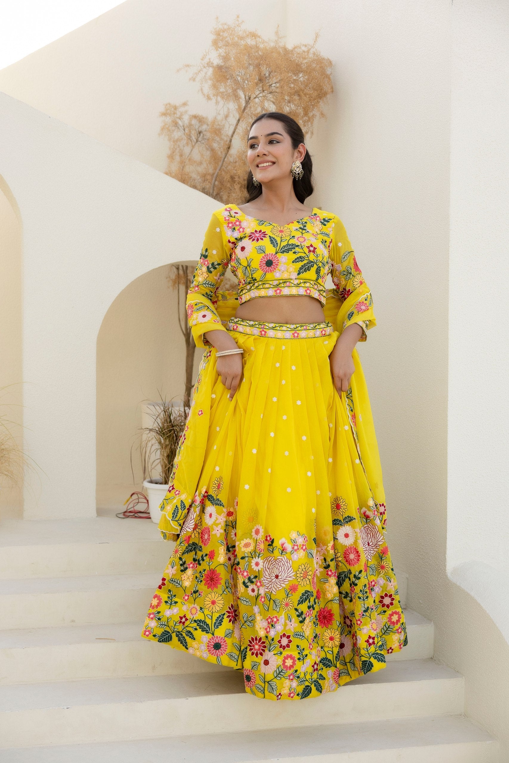 YELLOW COLOR SEQUENCE EMBROIDERY WORK DESIGNER LEHENGA CHOLI