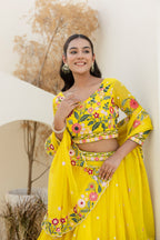 YELLOW COLOR SEQUENCE EMBROIDERY WORK DESIGNER LEHENGA CHOLI