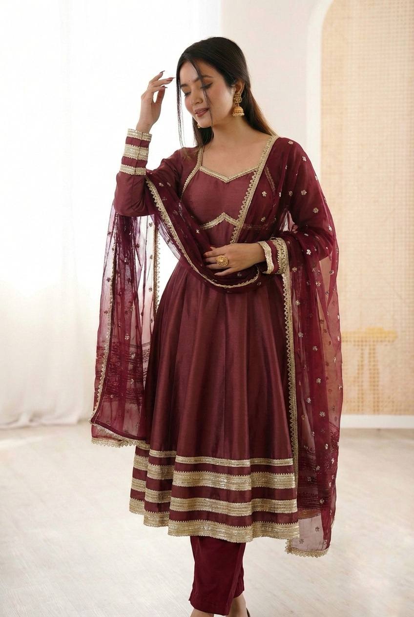 MAROON COLOR PARTY WEAR COSMOS GOLD EMBROIDERED ANARKALI SET