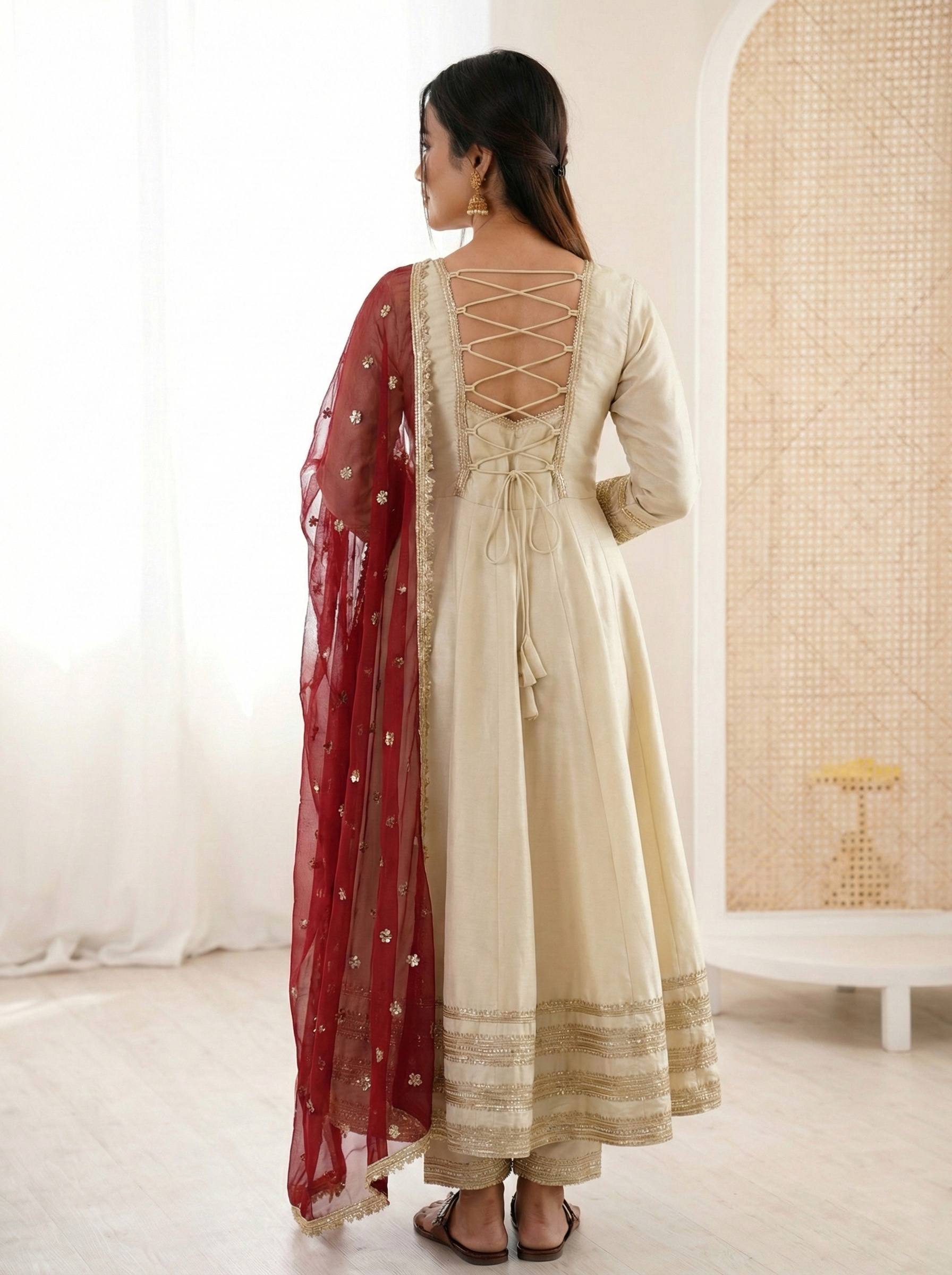 BEIGE COLOR PARTY WEAR COSMOS GOLD EMBROIDERED ANARKALI SET