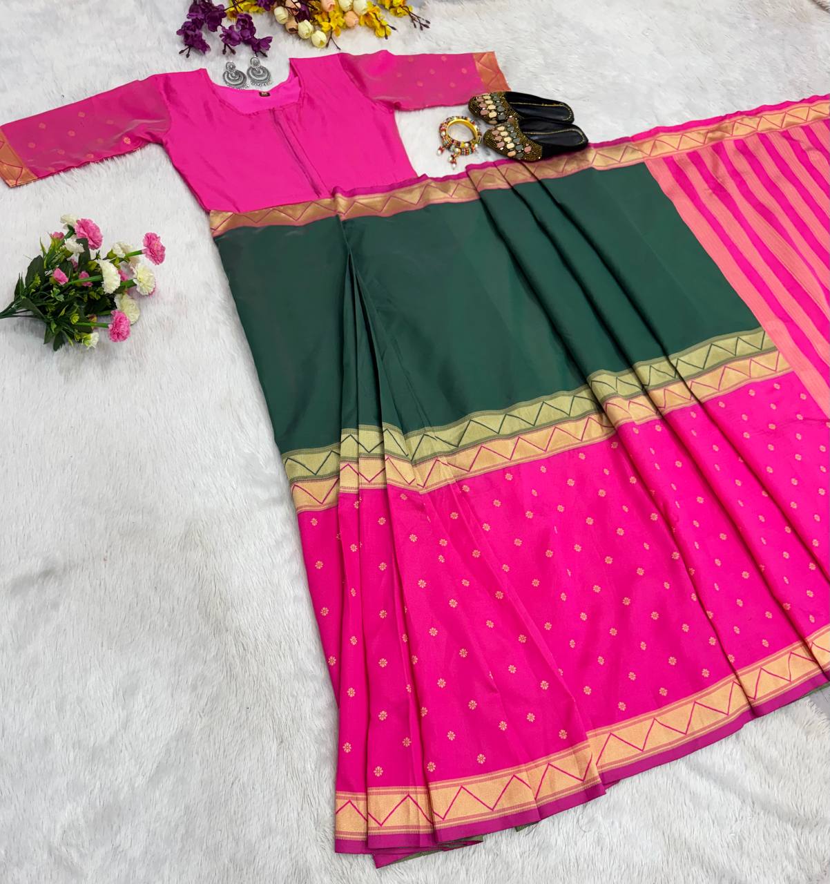 MOST TRENDING DUAL TONE MYSORE SILK ZIP & GO GOWN SAREE